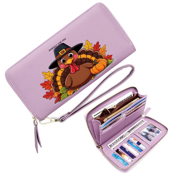 GEEAD Secure Wallet for Women Personalized Wallet for Women Cartoon Turkey Thanksgiving Attire Autumn Leaves Travel Accessory Gift for Girlfriend, Mom & Friends