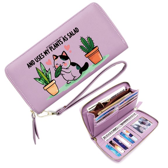 GEEAD Slim Long Wallet with Zipper Closure Wallet with Wrist Strap for Women Potted Plants Whimsical Style Abstract Cat Durable Polyester Lining Elegant Accessory