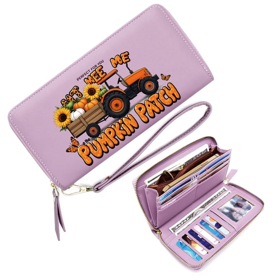 GEEAD Slim Zippered Purse with Wrist Strap Large Capacity Wallet for Women Autumn Harvest Tractor Pumpkin Patch Daily Commute Essential Includes Wrist Strap