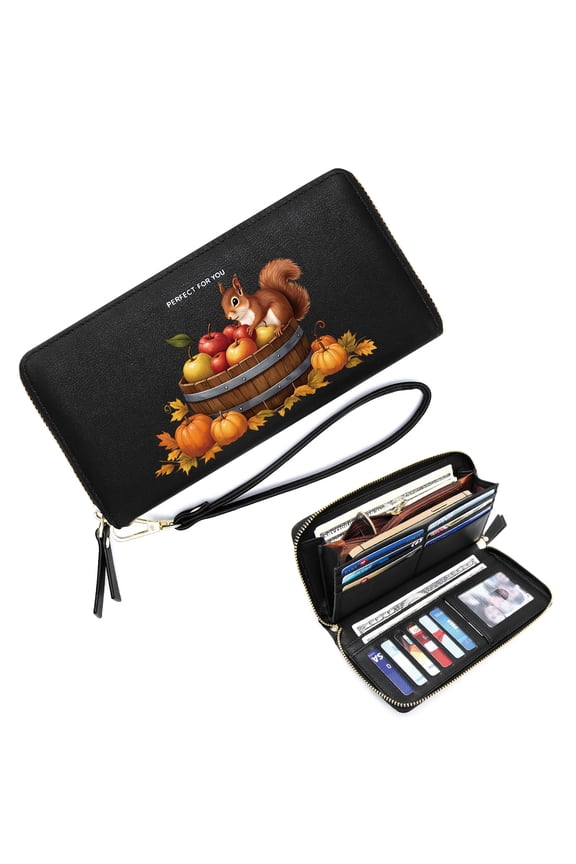 Slim Zippered Purse with Wrist Strap RFID Blocking Wallet for Women squirrel wooden barrel autumn harvest Includes Wrist Strap Suitable for Everyday Use
