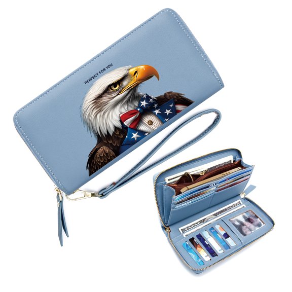 GEEAD Slim Zippered Purse with Wrist Strap Wallet for Women Bald Eagle Artistic Representation Patriotic Symbolism Durable & Stylish Accessory Elegant Gift for Mother's Day, Bridesmaid, Christmas