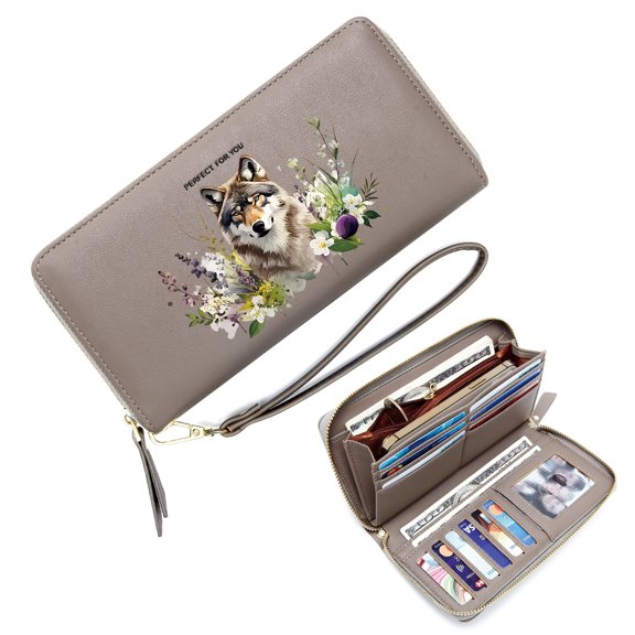 GEEAD Slim Zippered Purse with Wrist Strap Zip Around Wallet for Women wolf harmonious composition floral elements Includes Wrist Strap Travel Accessory Card Holder