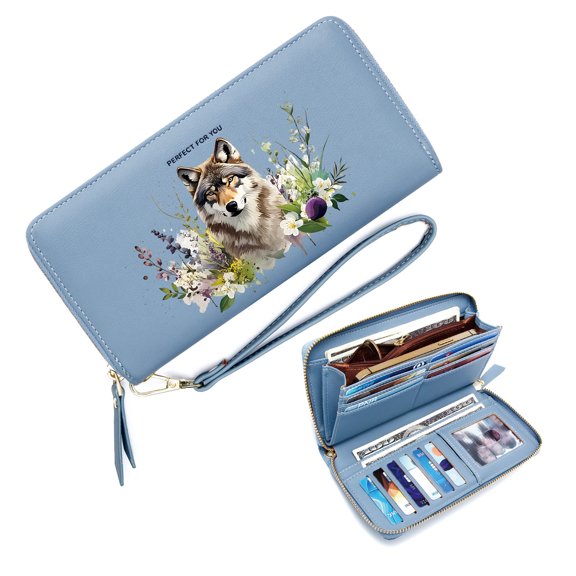 GEEAD Slim Zippered Purse with Wrist Strap Zip Around Wallet for Women wolf harmonious composition floral elements Includes Wrist Strap Travel Accessory Card Holder