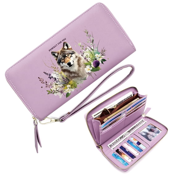 GEEAD Slim Zippered Purse with Wrist Strap Zip Around Wallet for Women wolf harmonious composition floral elements Includes Wrist Strap Travel Accessory Card Holder