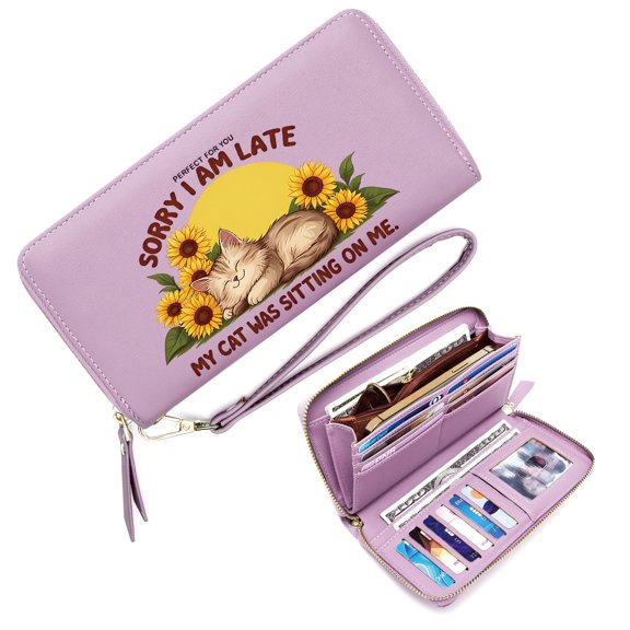 GEEAD Spacious Everyday Wallet for Women Card Holder Wallet for Women whimsical design sleeping kitten vibrant sunflowers Durable Polyester Lining Everyday Wallet