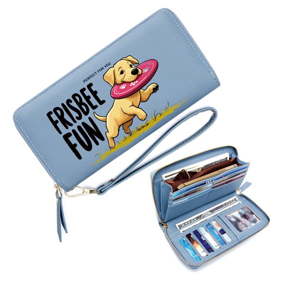 GEEAD Spacious Everyday Wallet for Women Zipper Lady Credit Card Case Wallet Yellow Labrador puppy Pink frisbee Cartoonish style Perfect Everyday Use or Gift