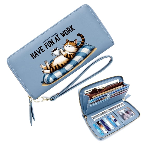 GEEAD Stylish RFID-Protected Wallet for Women Large Capacity Handbag for Women Relaxed Cat HAVE FUN AT WORK Coffee Cup Snap Button Wallet Eyecatching Accessory