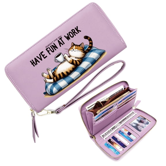 GEEAD Stylish RFID-Protected Wallet for Women Large Capacity Handbag for Women Relaxed Cat HAVE FUN AT WORK Coffee Cup Snap Button Wallet Eyecatching Accessory