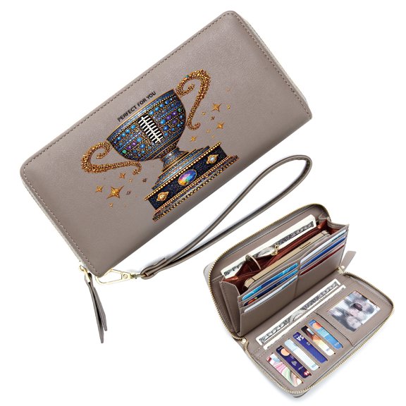 GEEAD Stylish RFID-Protected Wallet for Women Long Zippered Purse Wallet for Women Colorful Gemstones Ornate Trophy Sparkling Stars Perfect Everyday Use or Gift Idea Best Thanksgiving Gift