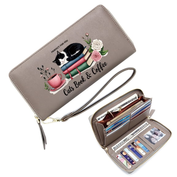 GEEAD Stylish RFID-Protected Wallet for Women Zipper Card Bag with ID Window Stacked Books Pink Teacup Sleeping Cat Durable Polyester Lining Elegant Accessory