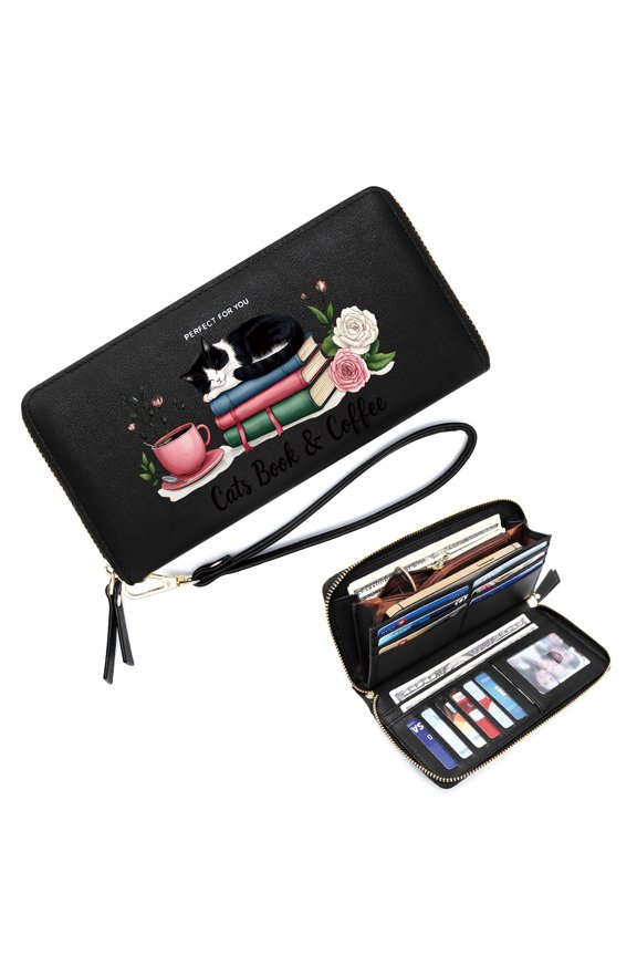 Stylish RFID-Protected Wallet for Women Zipper Card Bag with ID Window Stacked Books Pink Teacup Sleeping Cat Durable Polyester Lining Elegant Accessory