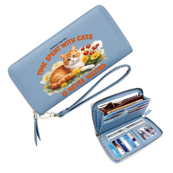 GEEAD Ultral-thin Long Wallet for Women Multiple Card Slots Time Never Wasted Floral Blooms Orange Tabby Cat Stylish Accessory Smooth Texture Gift for Father's Day Teacher's Day Graduation