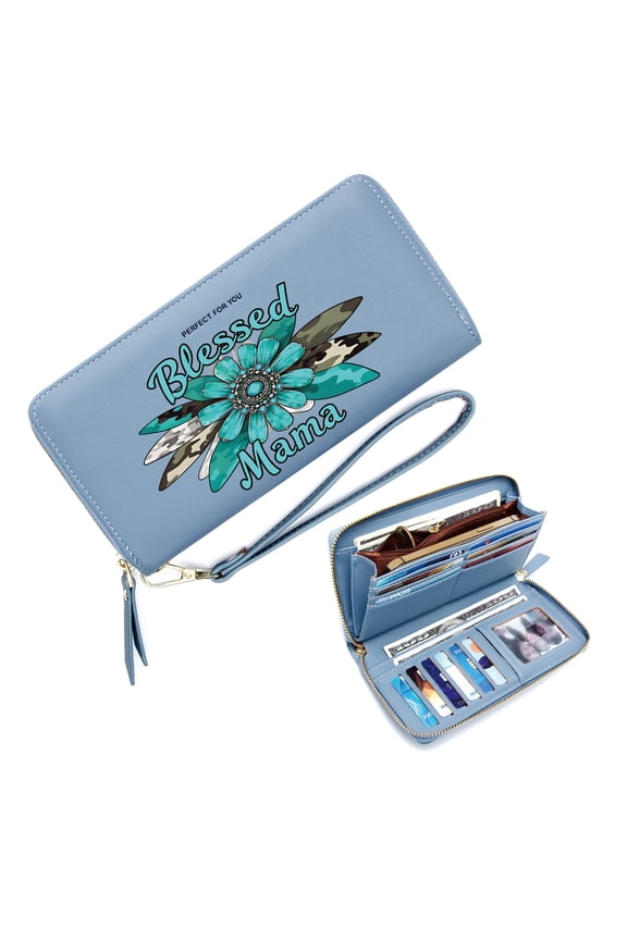 Ultral-thin Long Wallet for Women Zipper Pocket Wallet for Women Decorative Flower Camouflage Contrast Blessed Mama Ideal GiftSoft Texture Everyday Wallet