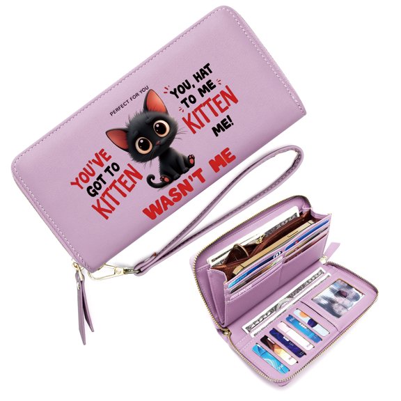 GEEAD Wallet with Large Capacity Zip for Women with Multiple Card black kitten cartoonish style playful pun Romantic Gift for Wife & Girlfriend Best Thanksgiving Gift for Women