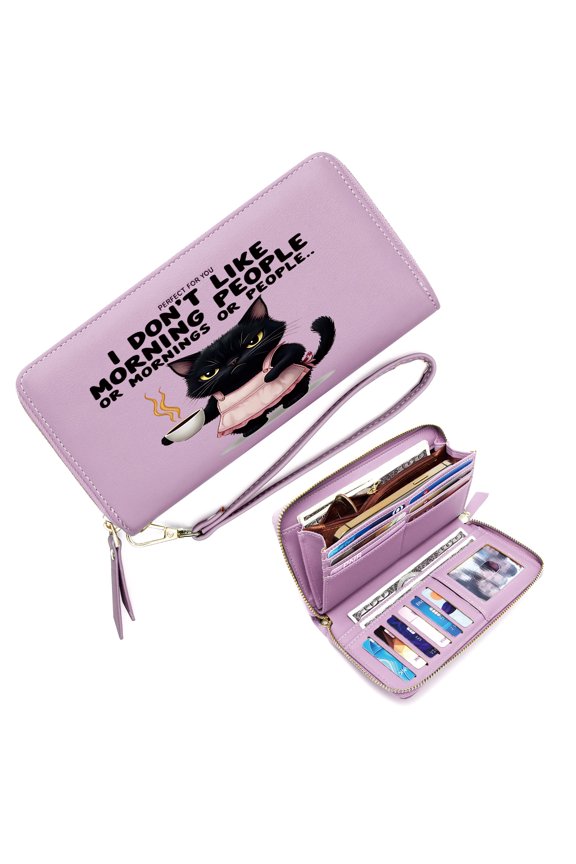 Wallet with Large Capacity Zip for Women Stylish RFID-Protected Wallet for Women Black Cat Steaming Coffee Cartoonish Humor Ideal GiftSoft Texture Portable Change Foreskin Clip
