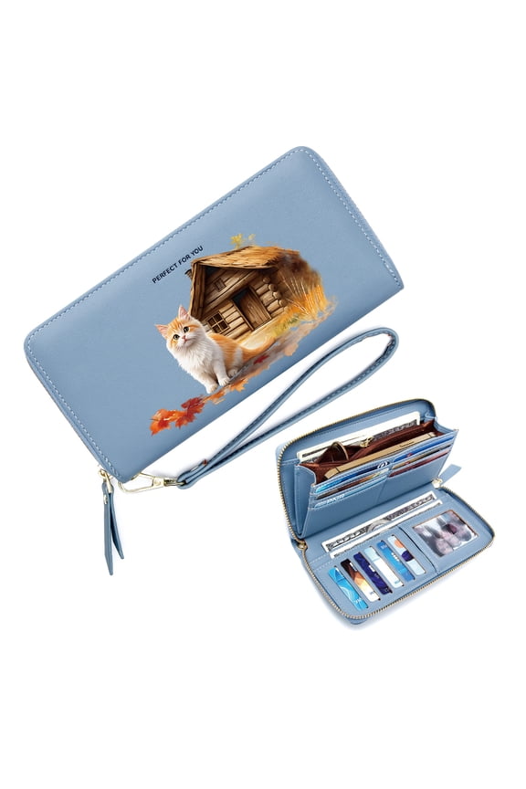 Wallet with Multiple Card Slots for Women Card Holder Wallet for Women Orange and white cat Autumn leaves Rustic wooden cabin Everyday Wallet Daily Commute Essential