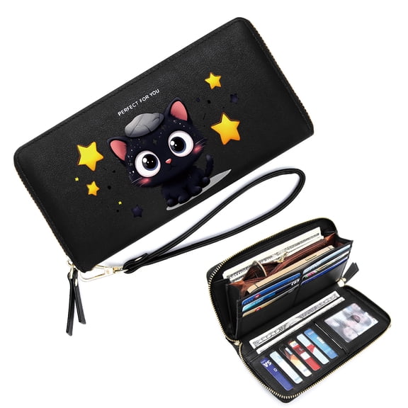 GEEAD Wallet with Multiple Card Slots for Women Fashion Women ID Credit Card Holder starry sparkles whimsical atmosphere cartoon-style black kitten Zipper Coin Pocket Best Thanksgiving Gift for Women