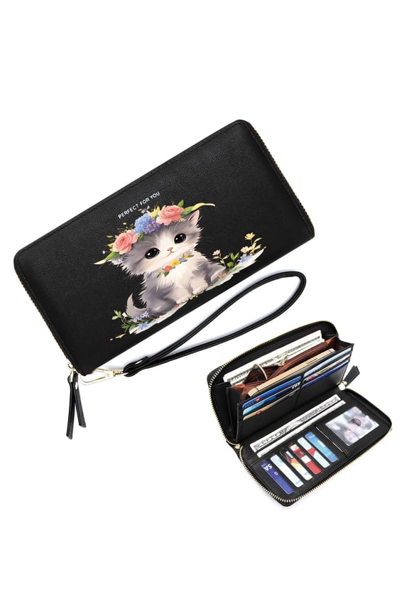 Wallet with Multiple Card Slots for Women Large Capacity Handbag whimsical aesthetic cartoon-style kitten floral crown Romantic Gift for Wife & Girlfriend Perfect Everyday Use or Gift Idea