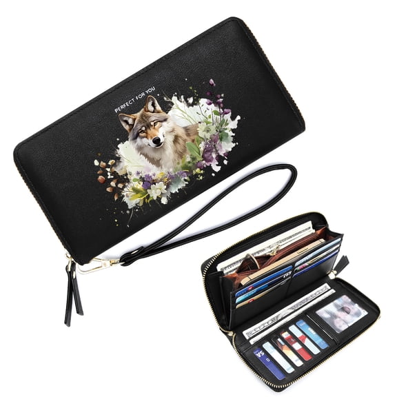 GEEAD Wallet with Multiple Card Slots for Women Wallet with Zipper Pockets for Women Floral Artistry Realism Wolf Includes Wrist Strap Perfect for Parties, Work & Casual Use,