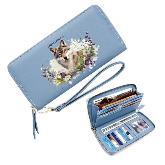 GEEAD Wallet with Multiple Card Slots for Women Wallet with Zipper Pockets for Women Floral Artistry Realism Wolf Includes Wrist Strap Perfect for Parties, Work & Casual Use,
