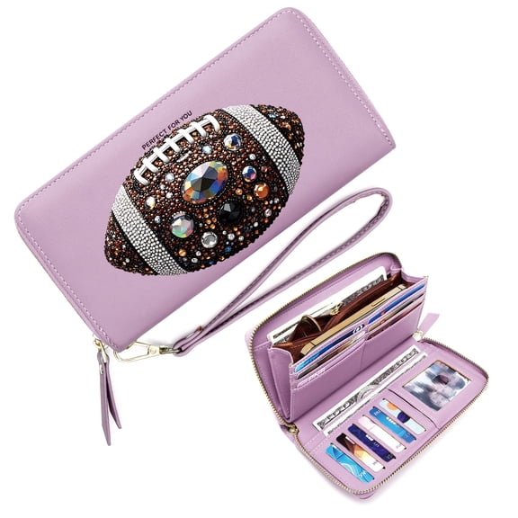 GEEAD Wallet with RFID Blocking for Women Removable Wrist Strap Wallet for Women Art piece Football Gemstones Stylish Accessory Smooth Texture Durable Polyester Lining