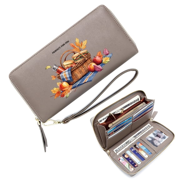 GEEAD Wallet with RFID Blocking for Women Zip Around Wallet for Women wicker basket checkered blanket autumn picnic Ideal GiftSoft Texture Romantic Gift for Wife & Girlfriend