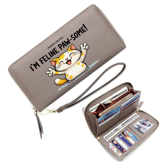 GEEAD Wallet for Women Wallet with Wrist Strap for Women Cartoon Cat Joyful Expression Peace Sign Gesture Perfect for Parties, Work & Casual Use, Gift for Girlfriend, Mom & Friends