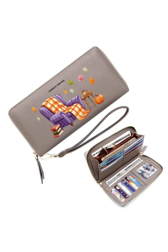 Wallet with Wrist Strap for Women Lightweight Women's Clutch Wallet Purple Armchair Steaming Coffee Autumn Leaves Durable Polyester Lining Gift for Girlfriend, Mom & Friends