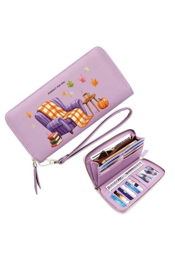 Wallet with Wrist Strap for Women Lightweight Women's Clutch Wallet Purple Armchair Steaming Coffee Autumn Leaves Durable Polyester Lining Gift for Girlfriend, Mom & Friends