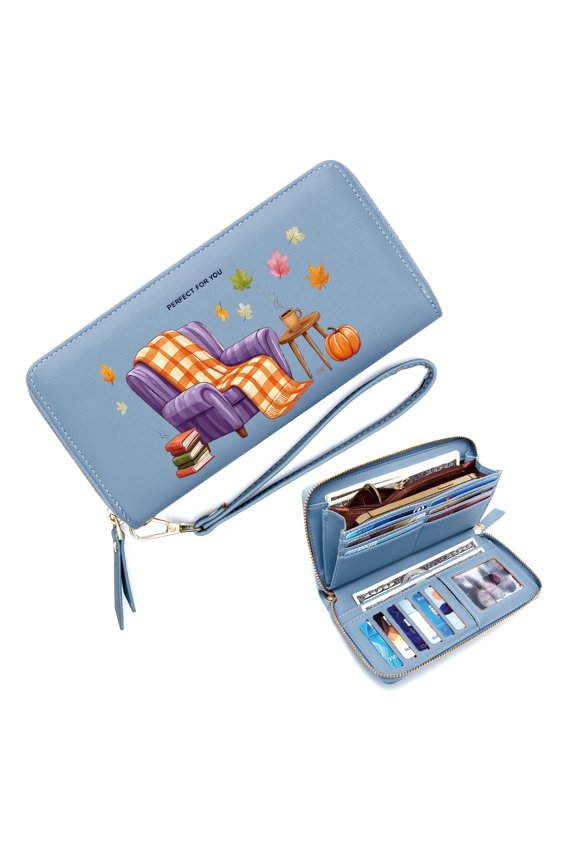 Wallet with Wrist Strap for Women Lightweight Women's Clutch Wallet Purple Armchair Steaming Coffee Autumn Leaves Durable Polyester Lining Gift for Girlfriend, Mom & Friends