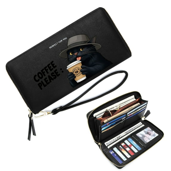 GEEAD Wallet with Wrist Strap for Women Zipper Pocket Wallet for Women Black Cat Fedora Hat What's Up Coffee Perfect Everyday Use or Gift Idea Elegant Accessory
