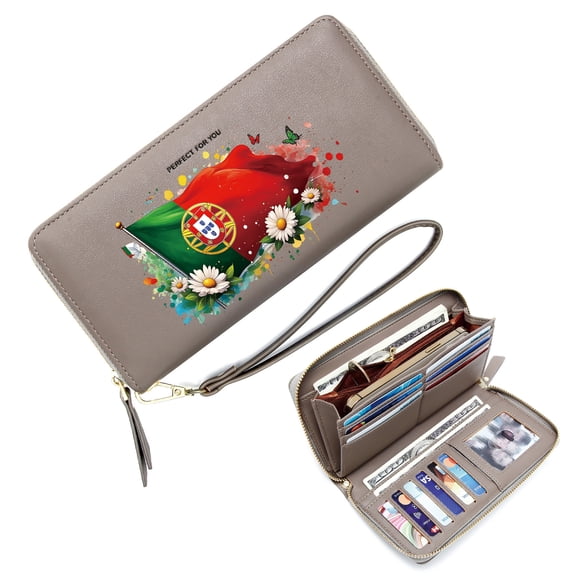 GEEAD Wallet with Zipper Pockets for Women RFID Blocking Wallet for Women coat of arms Portuguese flag colorful splashes Elegant Accessory Romantic Gift for Wife & Girlfriend