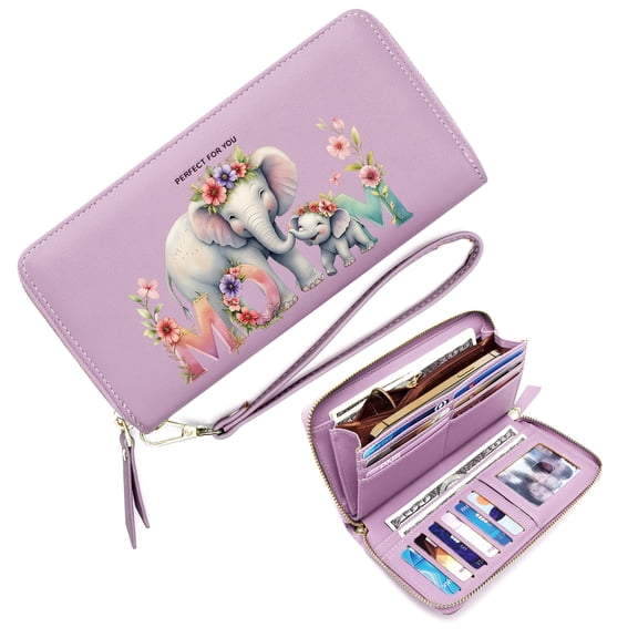 GEEAD Wallet with Zipper Pockets for Women Women Wallet With Credit Card Holder MOM Floral Crowns Elephants Romantic Gift for Wife & Girlfriend Includes Wrist Strap