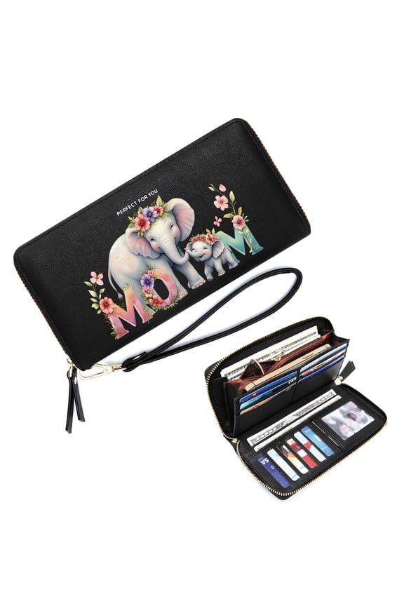 Wallet with Zipper Pockets for Women Women Wallet With Credit Card Holder MOM Floral Crowns Elephants Romantic Gift for Wife & Girlfriend Includes Wrist Strap