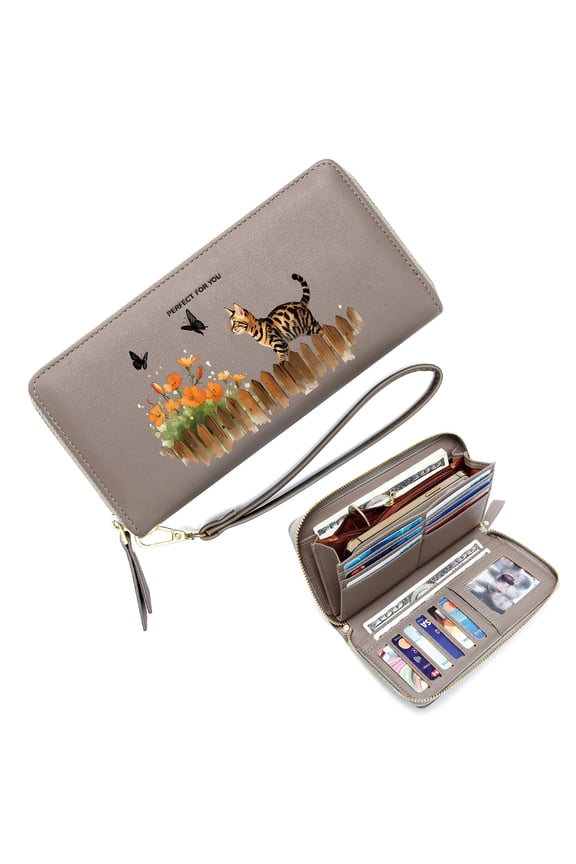 Wallet with Zipper Pockets for Women Zip Around Wallet for Women Wooden Fence Serene Garden Tabby Cat Romantic Gift for Wife & Girlfriend Travel Accessory