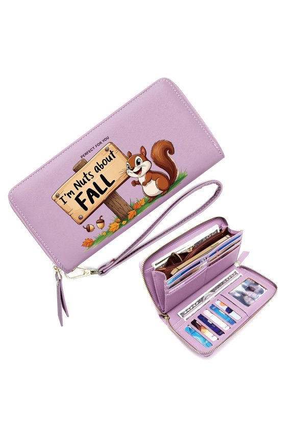 Wallet with Zipper Pockets for Women Zipper Pocket Wallet for Women Fall Season Autumn Enthusiasm Cartoon Squirrel Includes Wrist Strap Snap Button Wallet