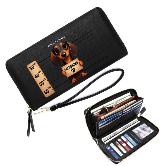 GEEAD Wallet for Women Zipper Card Bag with ID Window Height Chart Cartoon-Style Dachshund Elegant Accessory Snap Button Wallet