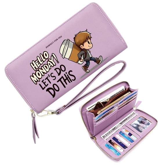 GEEAD Women Wallet With Credit Card Holder RFID Blocking Wallet for Women Cartoon Character Monday Motivation Coffee Suitable for Everyday Use Snap Button Wallet
