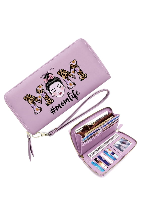 Women Wallet With Credit Card Holder Slim Long Wallet with Zipper Closure pink flowers leopard print MOM Ideal Holiday Gift Durable Polyester Lining