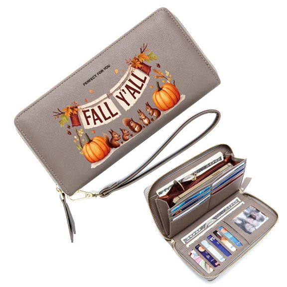 GEEAD Women Wallet With Credit Card Holder Wallet with Large Capacity Zip for Women Fall Y'all Pumpkins Autumn Leaves Stylish Accessory Smooth Texture Ideal GiftSoft Texture