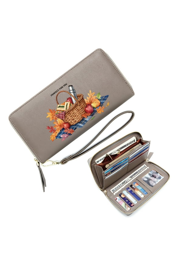 Zip Around Wallet for Women Lightweight Women's Clutch Wallet Picnic Basket Fall Picnic Autumn Leaves Durable Polyester Lining Portable Change Foreskin Clip