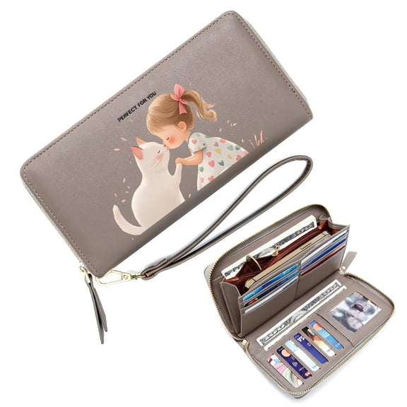 GEEAD Zip Around Wallet for Women Lightweight Women's Clutch Wallet White Cat Little Girl Affectionate Interaction Ideal Holiday Gift Suitable for Women and Men