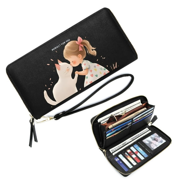 GEEAD Zip Around Wallet for Women Lightweight Women's Clutch Wallet White Cat Little Girl Affectionate Interaction Ideal Holiday Gift Suitable for Women and Men