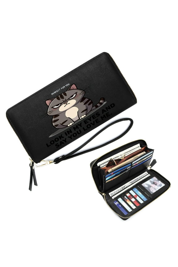 Zipper Lady Credit Card Case Wallet Multiple Card Slots Wallet for Women Grumpy Cat Minimalist Design Disappointed Expression Perfect for Parties, Work & Casual Use, Soft Texture
