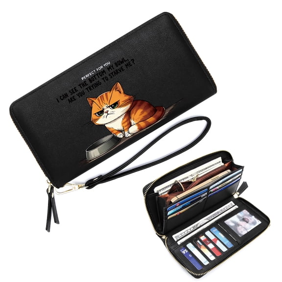 GEEAD Zipper Lady Credit Card Case Wallet Wallet with Large Capacity Zip for Women Orange Tabby Cat Empty Food Bowl Grumpy Expression Travel Accessory Valentine's Day, Mother's Day, Birthday Gifts