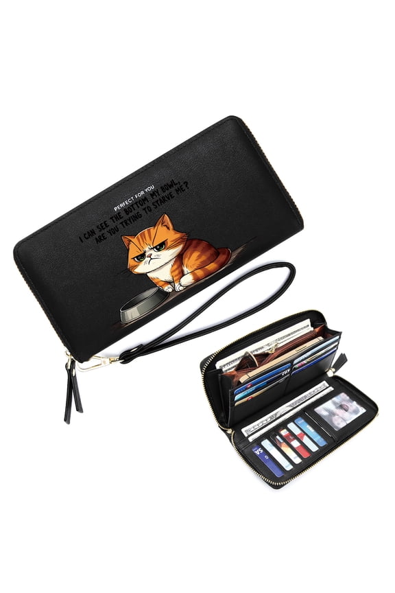 Zipper Lady Credit Card Case Wallet Wallet with Large Capacity Zip for Women Orange Tabby Cat Empty Food Bowl Grumpy Expression Travel Accessory Valentine's Day, Mother's Day, Birthday Gifts