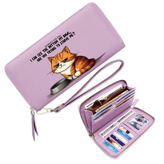 GEEAD Zipper Lady Credit Card Case Wallet Wallet with Large Capacity Zip for Women Orange Tabby Cat Empty Food Bowl Grumpy Expression Travel Accessory Valentine's Day, Mother's Day, Birthday Gifts