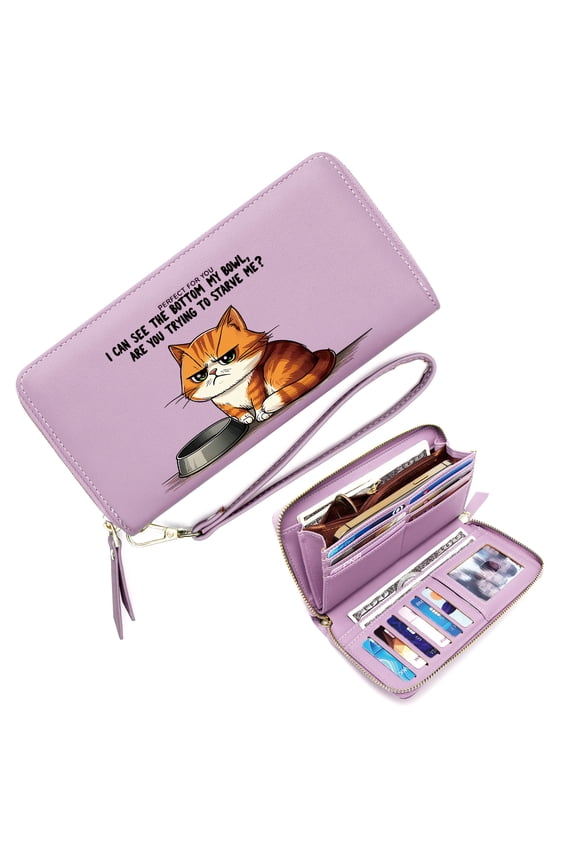 Zipper Lady Credit Card Case Wallet Wallet with Large Capacity Zip for Women Orange Tabby Cat Empty Food Bowl Grumpy Expression Travel Accessory Valentine's Day, Mother's Day, Birthday Gifts