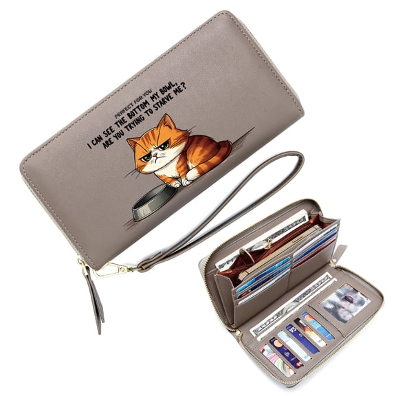 GEEAD Zipper Lady Credit Card Case Wallet Wallet with Large Capacity Zip for Women Orange Tabby Cat Empty Food Bowl Grumpy Expression Travel Accessory Valentine's Day, Mother's Day, Birthday Gifts