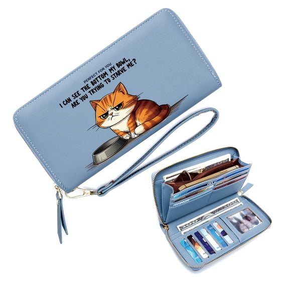 GEEAD Zipper Lady Credit Card Case Wallet Wallet with Large Capacity Zip for Women Orange Tabby Cat Empty Food Bowl Grumpy Expression Travel Accessory Valentine's Day, Mother's Day, Birthday Gifts